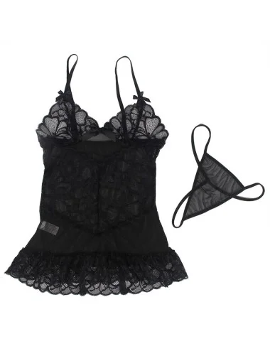 SUBBLIME - BABYDOLL WITH ADJUSTABLE STRAPS AND TRANSPARENT LACE FLORAL PRINT BLACK L/XL