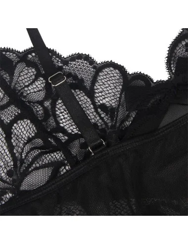 SUBBLIME - BABYDOLL WITH ADJUSTABLE STRAPS AND TRANSPARENT LACE FLORAL PRINT BLACK L/XL