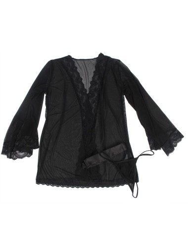 SUBBLIME - TRANSPARENT FABRIC ROBE WITH LACE DETAIL BLACK S/M