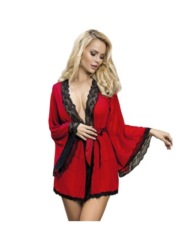 SUBBLIME - TRANSPARENT FABRIC ROBE WITH LACE DETAIL RED L/XL
