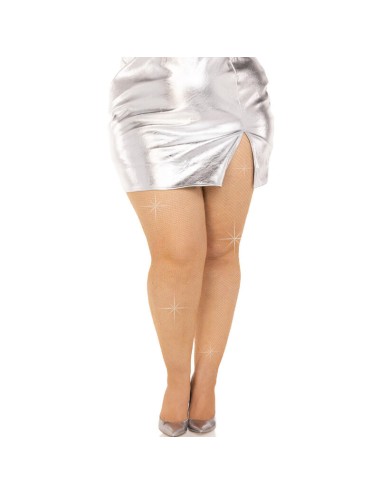 LEG AVENUE - CRYSTALIZED MESH STOCKINGS CARAMEL PLUS SIZE