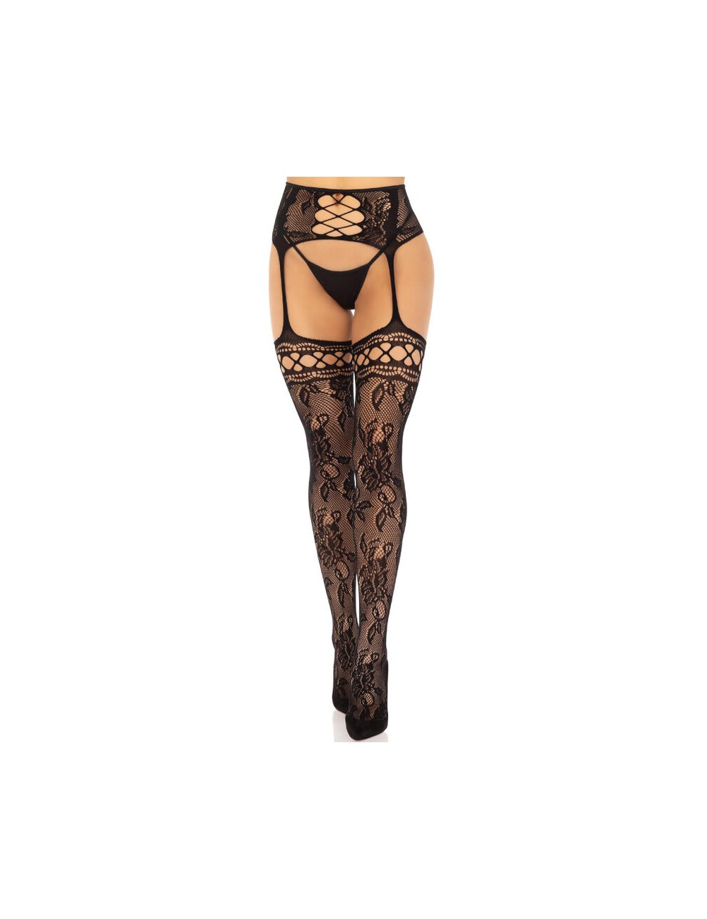 LEG AVENUE - FLORAL LACE GARTER STOCKINGS BLACK