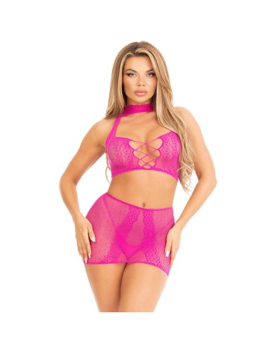 LEG AVENUE - FUCHSIA OPEN LACE TOP & SKIRT