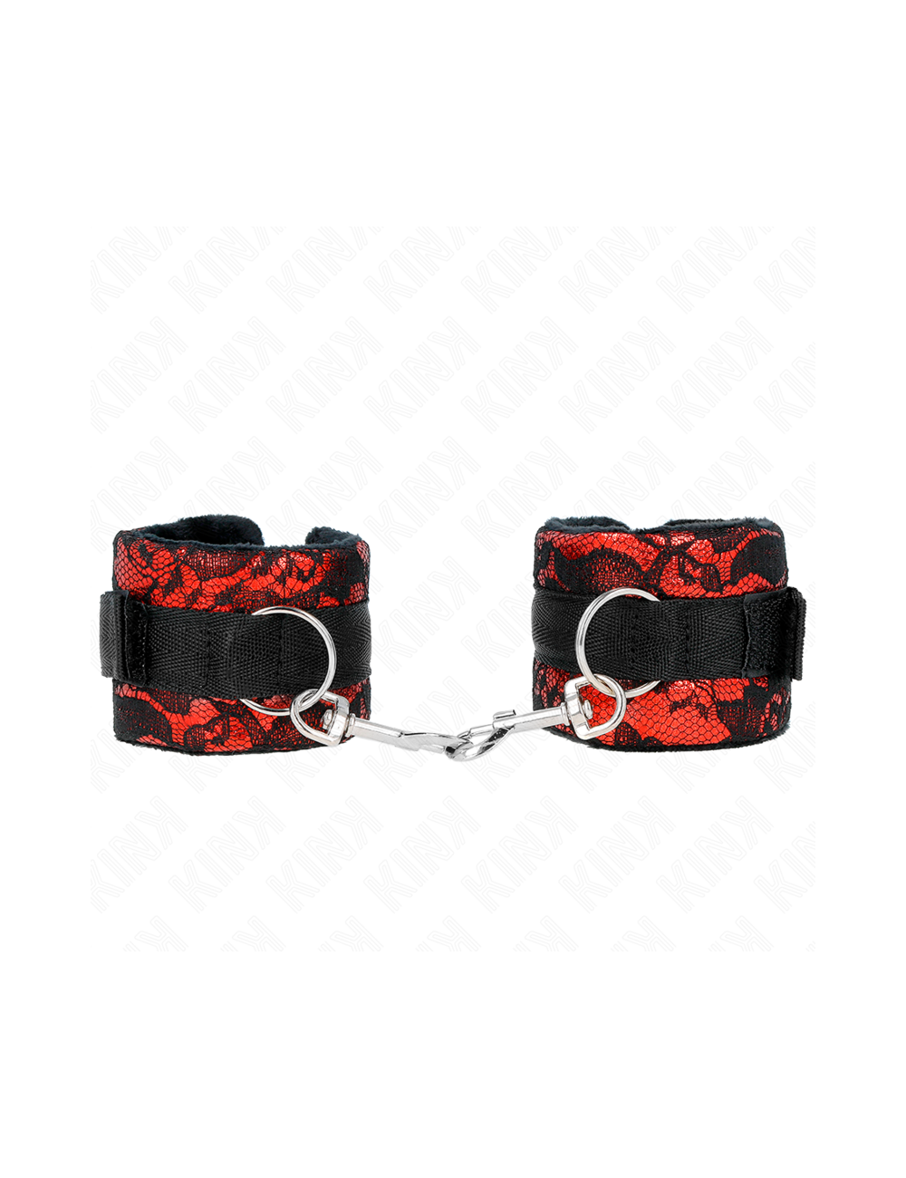 KINK - SHORT VELVET LACE WRIST RESTRAINTS AND NYLON BIND RED / BLACK 23 X 6.5 CM
