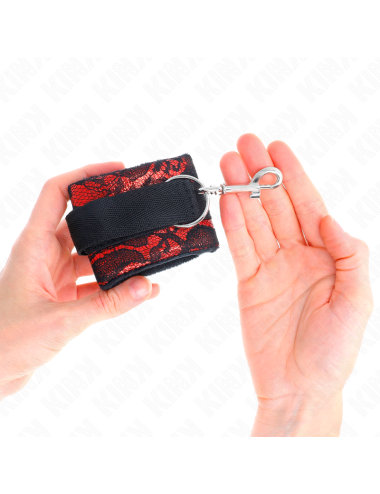 KINK - SHORT VELVET LACE WRIST RESTRAINTS AND NYLON BIND RED / BLACK 23 X 6.5 CM
