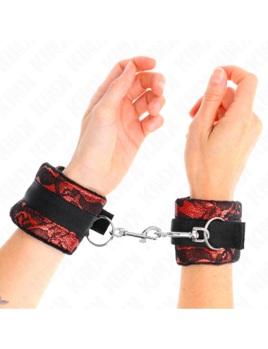 KINK - SHORT VELVET LACE WRIST RESTRAINTS AND NYLON BIND RED / BLACK 23 X 6.5 CM