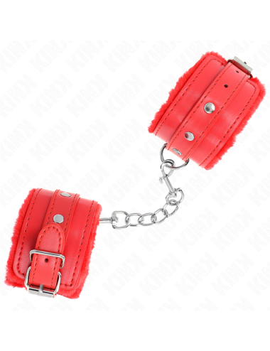 KINK - PREMIUM FUR LINED WRIST RESTRAINTS RED WITH RED BELT ADJUSTABLE 17-29 CM X 6 CM