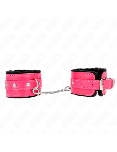KINK - PREMIUM FUR LINED WRIST RESTRAINTS BLACK WITH RASPBERRY ROSE BELT ADJUSTABLE 17-29 CM X 6 CM