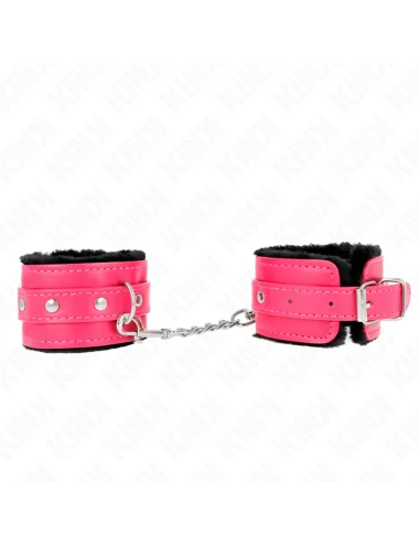 KINK - PREMIUM FUR LINED WRIST RESTRAINTS BLACK WITH RASPBERRY ROSE BELT ADJUSTABLE 17-29 CM X 6 CM