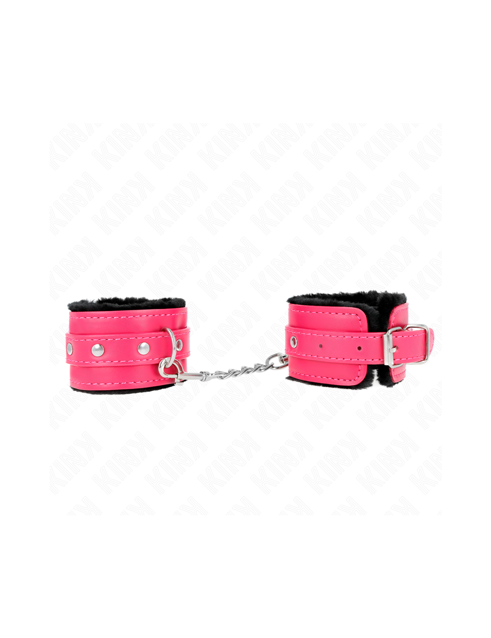 KINK - PREMIUM FUR LINED WRIST RESTRAINTS BLACK WITH RASPBERRY ROSE BELT ADJUSTABLE 17-29 CM X 6 CM