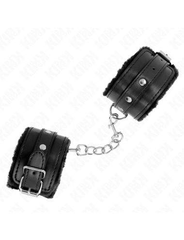KINK - PREMIUM FUR LINED WRIST RESTRAINTS BLACK WITH BLACK BELT ADJUSTABLE 17-29 CM X 6 CM