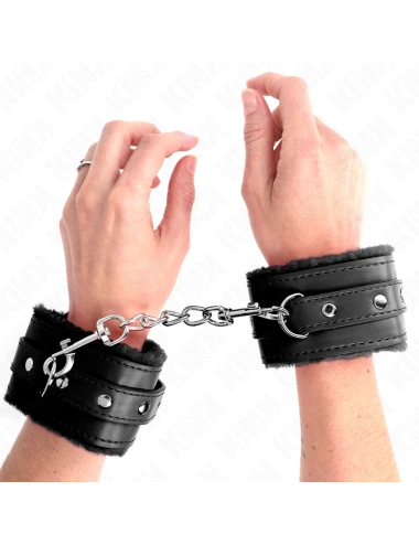 KINK - PREMIUM FUR LINED WRIST RESTRAINTS BLACK WITH BLACK BELT ADJUSTABLE 17-29 CM X 6 CM