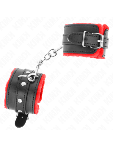 KINK - PREMIUM FUR LINED WRIST RESTRAINTS RED WITH BLACK BELT ADJUSTABLE 17-29 CM X 6 CM