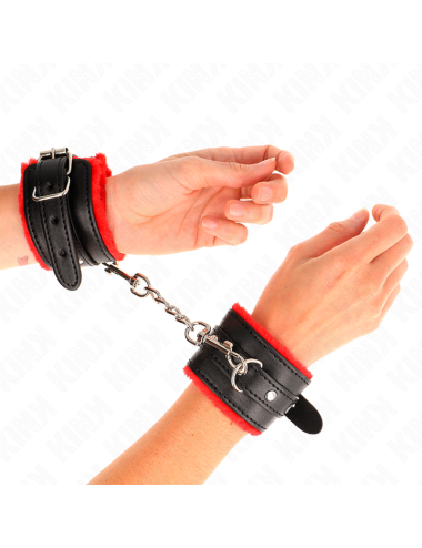 KINK - PREMIUM FUR LINED WRIST RESTRAINTS RED WITH BLACK BELT ADJUSTABLE 17-29 CM X 6 CM