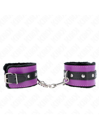 KINK - PREMIUM FUR LINED WRIST RESTRAINTS BLACK WITH PURPLE / BLACK BELT ADJUSTABLE 17-29 CM X 6 CM