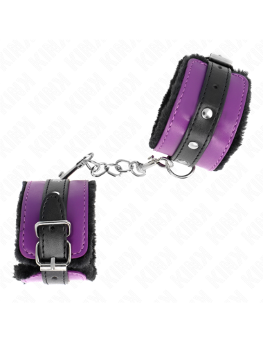 KINK - PREMIUM FUR LINED WRIST RESTRAINTS BLACK WITH PURPLE / BLACK BELT ADJUSTABLE 17-29 CM X 6 CM