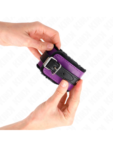 KINK - PREMIUM FUR LINED WRIST RESTRAINTS BLACK WITH PURPLE / BLACK BELT ADJUSTABLE 17-29 CM X 6 CM