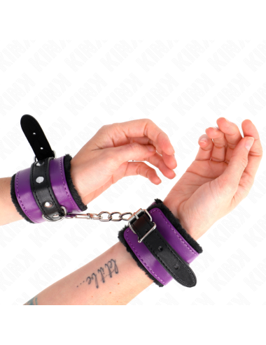 KINK - PREMIUM FUR LINED WRIST RESTRAINTS BLACK WITH PURPLE / BLACK BELT ADJUSTABLE 17-29 CM X 6 CM