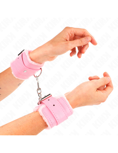 KINK - FUR LINED WRIST RESTRAINTS PINK WITH PINK BELT ADJUSTABLE 17-29 CM X 6 CM