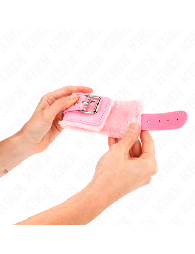 KINK - FUR LINED WRIST RESTRAINTS PINK WITH PINK BELT ADJUSTABLE 17-29 CM X 6 CM