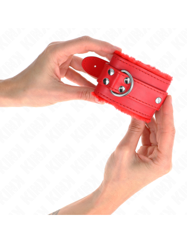 KINK - FUR LINED WRIST RESTRAINTS RED WITH RED BELT ADJUSTABLE 17-29 CM X 6 CM