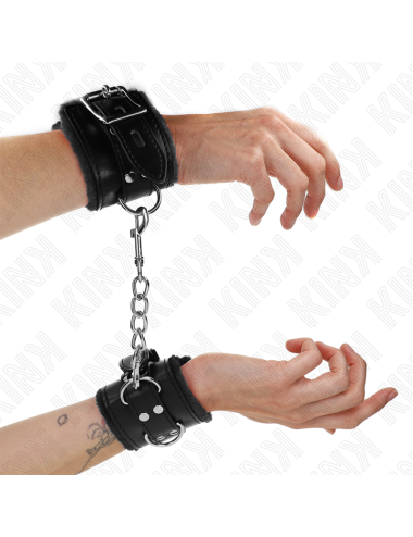 KINK - FUR LINED WRIST RESTRAINTS BLACK WITH BLACK BELT ADJUSTABLE 17-29 CM X 6 CM