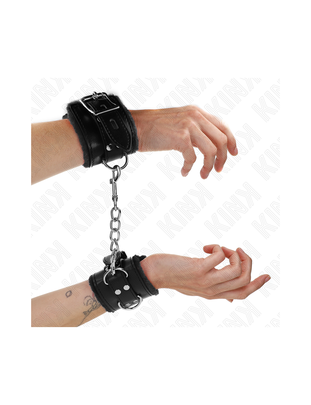 KINK - FUR LINED WRIST RESTRAINTS BLACK WITH BLACK BELT ADJUSTABLE 17-29 CM X 6 CM