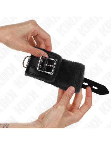 KINK - FUR LINED WRIST RESTRAINTS BLACK WITH BLACK BELT ADJUSTABLE 17-29 CM X 6 CM