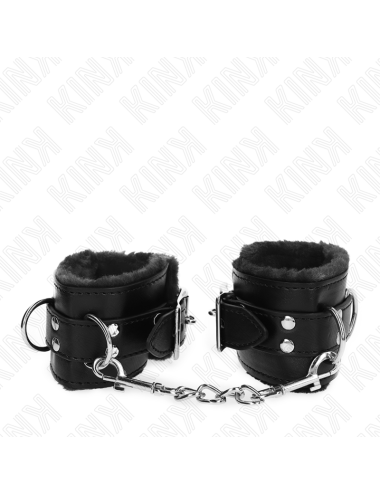 KINK - FUR LINED WRIST RESTRAINTS BLACK WITH BLACK BELT ADJUSTABLE 17-29 CM X 6 CM
