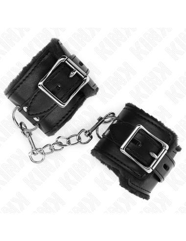 KINK - FUR LINED WRIST RESTRAINTS BLACK WITH BLACK BELT ADJUSTABLE 17-29 CM X 6 CM