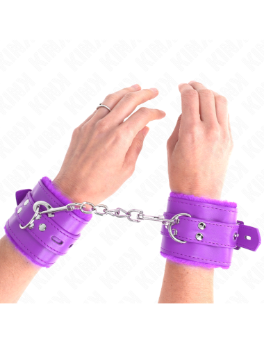 KINK - FUR LINED WRIST RESTRAINTS WITH SQUARE HOLES PURPLE AND PURPLE BELT ADJUSTABLE 17-29 CM X 6 CM