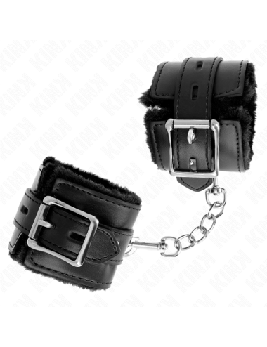 KINK - FUR LINED WRIST RESTRAINTS WITH SQUARE HOLES BLACK AND BLACK BELT ADJUSTABLE 17-29 CM X 6 CM