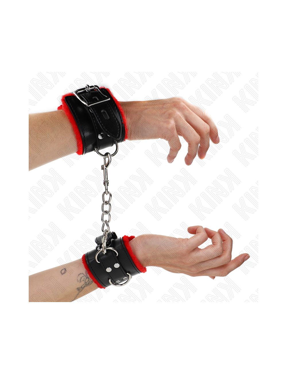 KINK - FUR LINED WRIST RESTRAINTS WITH SQUARE HOLES RED AND BLACK BELT ADJUSTABLE 17-29 CM X 6 CM