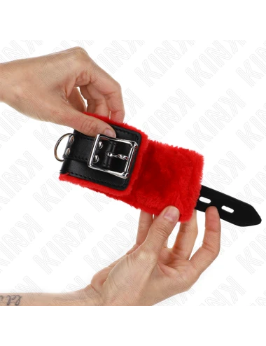 KINK - FUR LINED WRIST RESTRAINTS WITH SQUARE HOLES RED AND BLACK BELT ADJUSTABLE 17-29 CM X 6 CM