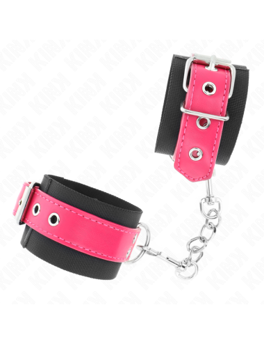 KINK - NYLON WRIST RESTRAINTS BLACK WITH LEATHERETTE BELT RASPBERRY ROSE ADJUSTABLE 19-29 CM X 5.1 CM