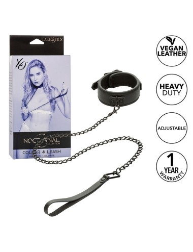 CALEXOTICS - NOCTURNAL COLLAR & LEASH LEATHER ADJUSTABLE BLACK
