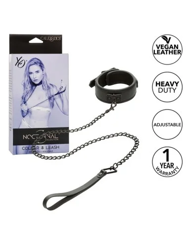 CALEXOTICS - NOCTURNAL COLLAR & LEASH LEATHER ADJUSTABLE BLACK