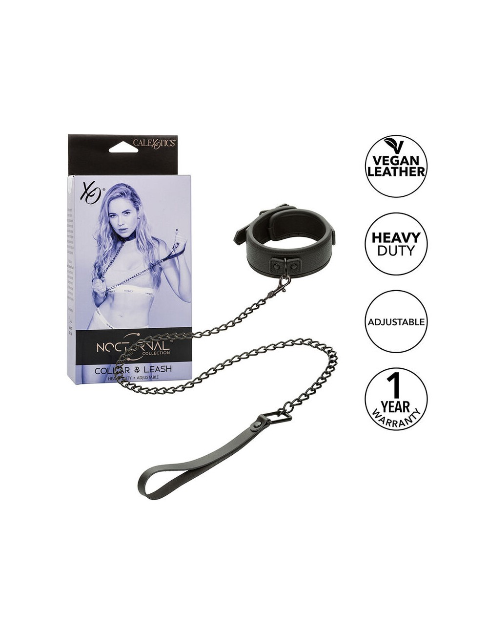 CALEXOTICS - NOCTURNAL COLLAR & LEASH LEATHER ADJUSTABLE BLACK CALEXOTICS - NOCTURNAL COLLAR & LEASH LEATHER ADJUSTABLE BLACK