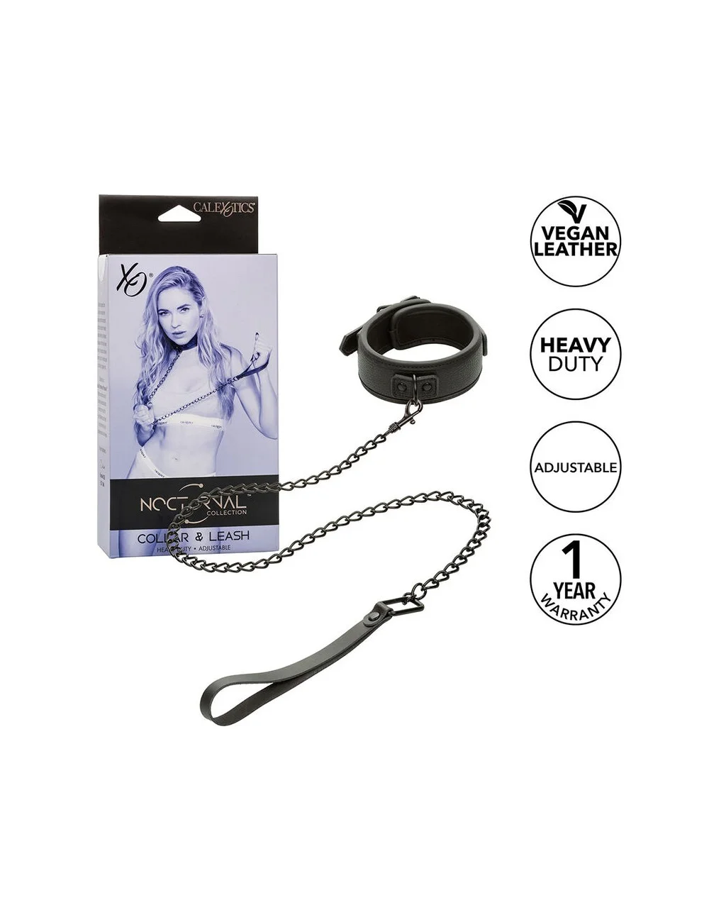 CALEXOTICS - NOCTURNAL COLLAR & LEASH LEATHER ADJUSTABLE BLACK CALEXOTICS - NOCTURNAL COLLAR & LEASH LEATHER ADJUSTABLE BLACK
