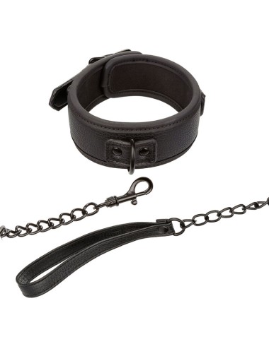 CALEXOTICS - NOCTURNAL COLLAR & LEASH LEATHER ADJUSTABLE BLACK