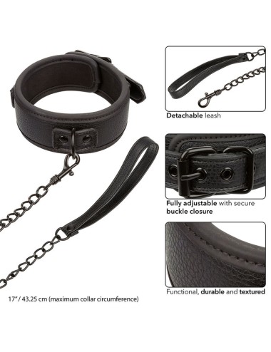 CALEXOTICS - NOCTURNAL COLLAR & LEASH LEATHER ADJUSTABLE BLACK