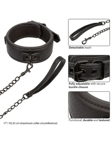 CALEXOTICS - NOCTURNAL COLLAR & LEASH LEATHER ADJUSTABLE BLACK
