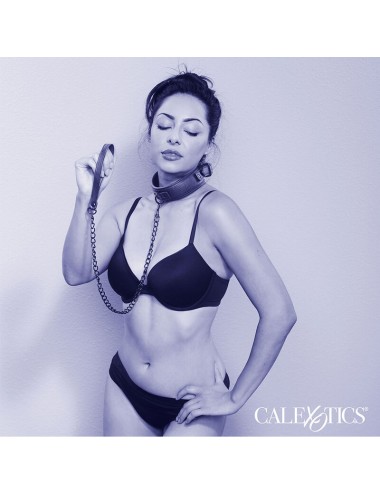 CALEXOTICS - NOCTURNAL COLLAR & LEASH LEATHER ADJUSTABLE BLACK