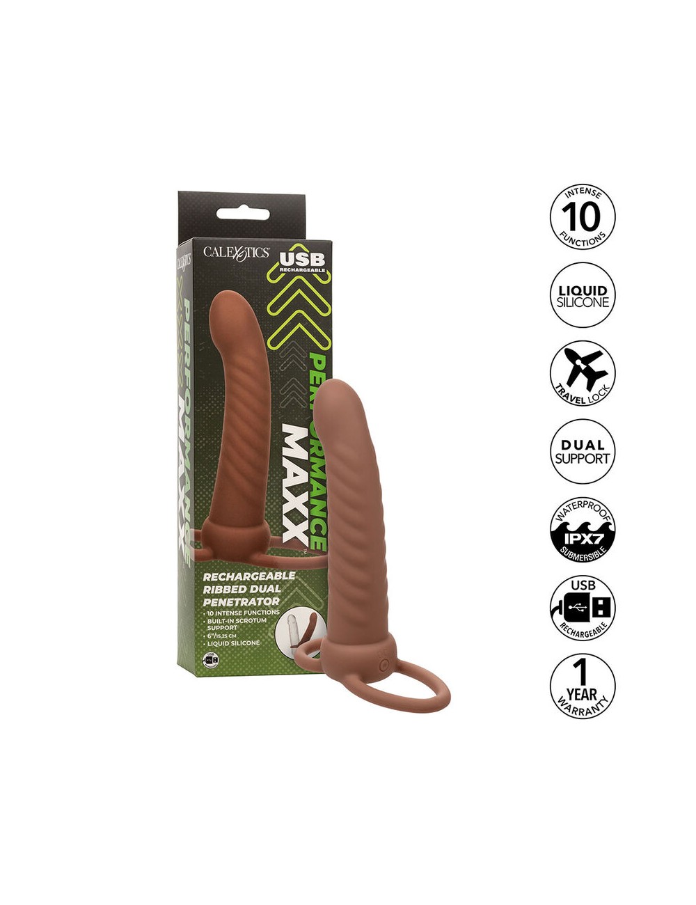 CALEXOTICS - MAXX RIBBED DUAL PENETRATOR 10 VIBRATIONS BROWN CALEXOTICS - MAXX RIBBED DUAL PENETRATOR 10 VIBRATIONS BROWN