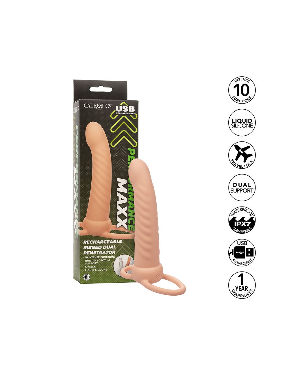 CALEXOTICS - MAXX RIBBED DUAL PENETRATOR 10 VIBRATIONS FLESH