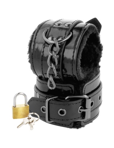 DARKNESS - ADJUSTABLE BLACK LEATHER ANKLE HANDCUFFS WITH PADLOCK