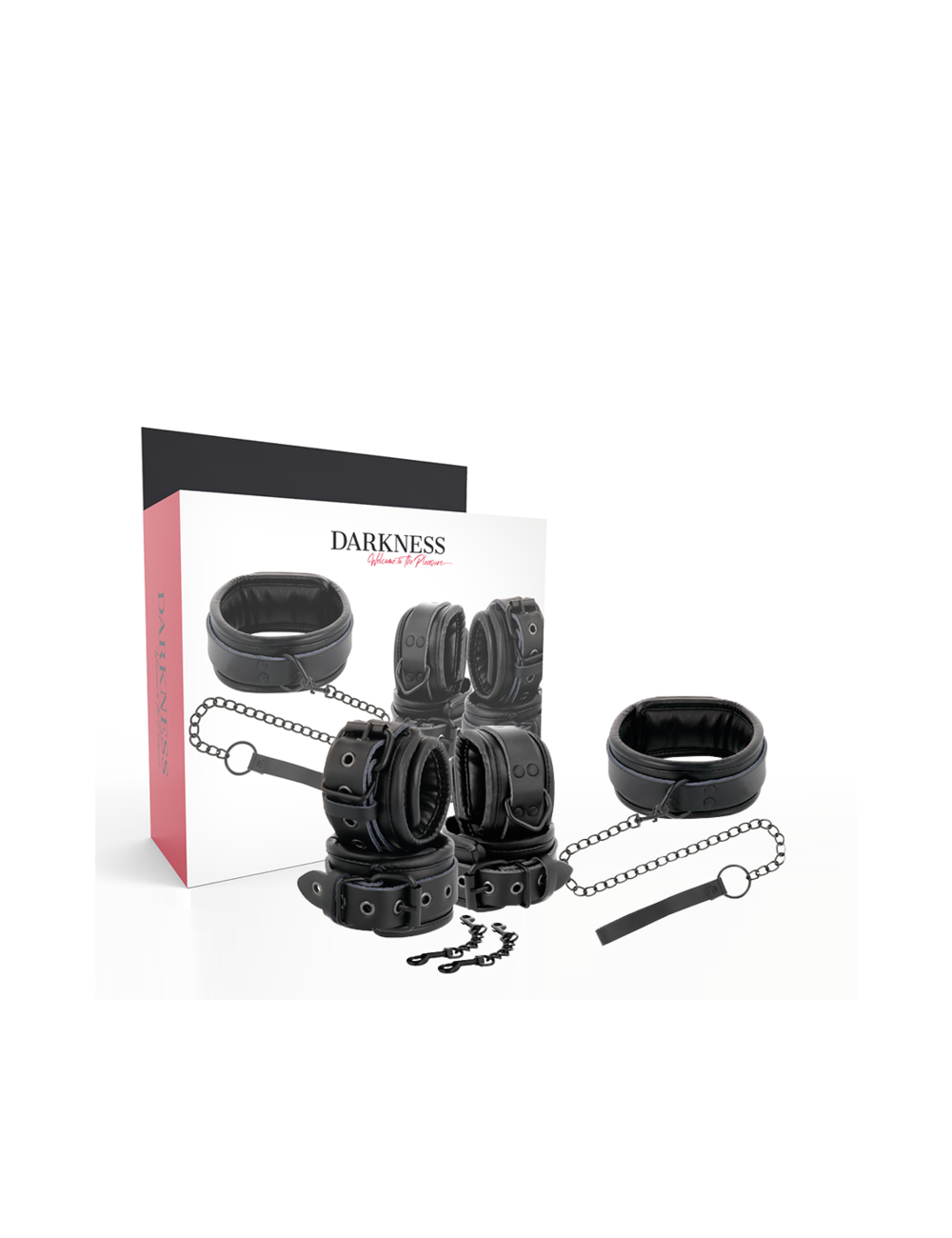 DARKNESS - BLACK LEATHER HANDCUFFS AND COLLAR DARKNESS - BLACK LEATHER HANDCUFFS AND COLLAR