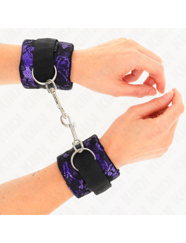 KINK - SHORT VELVET LACE WRIST RESTRAINTS AND NYLON BIND PURPLE / BLACK 23 X 6.5 CM