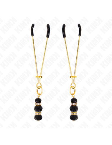 KINK - GOLD THIN NIPPLE CLAMPS WITH 3 BLACK GLASS BEADS 7 CM