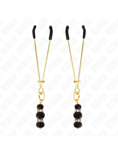 KINK - GOLD THIN NIPPLE CLAMPS WITH 3 BLACK GLASS BEADS 7 CM